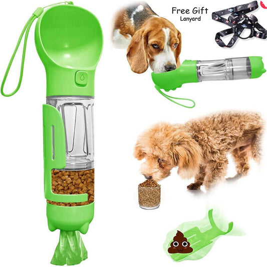 4 in 1 Portable Cat Dog Water Bottle Food Feeder Drinker Poop Dispenser Outdoor Pet Waterer Travel Bottle Dog Accessories Supply